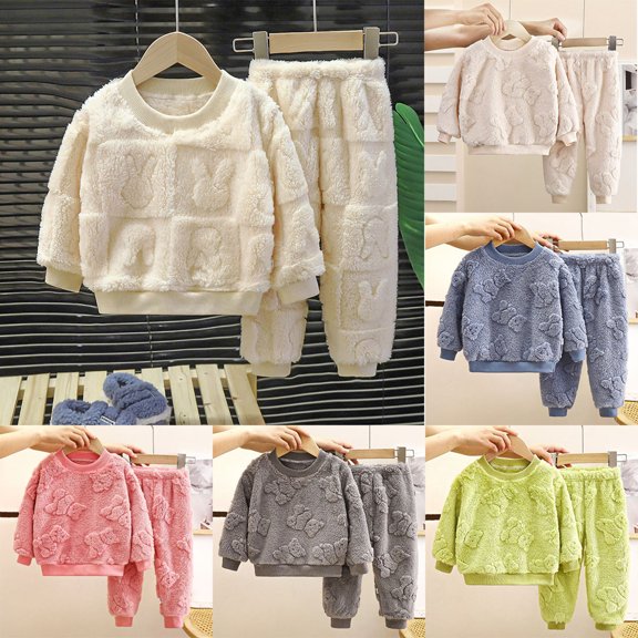 ibiyuan 18 Months Girl Clothes Fall Winter Outfits Toddler Baby Jacquard Set, Unisex Boys Girls Fuzzy Warm Home Loungewear 2 Piece School Kids Clothes