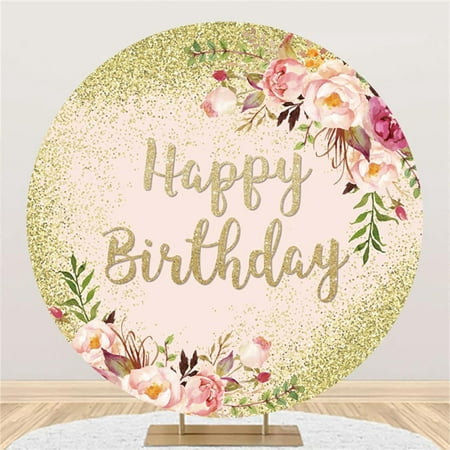 Image of OFILA Round Happy Birthday Backdrop Cover 6.5x6.5ft Golden Glitter Bokeh Pink Rose Flower Photograph Background