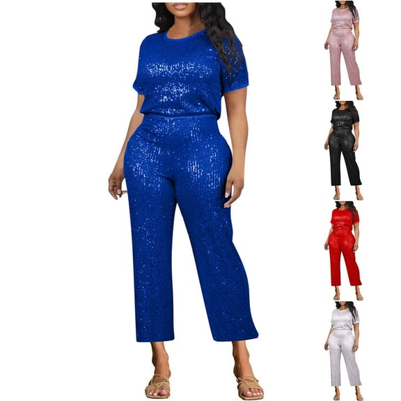 Miluxas Women's Glitter Metallic Sequin Two Piece Outfit Suit Set Tops Pants Outfits Jumpsuit White XL(XL)