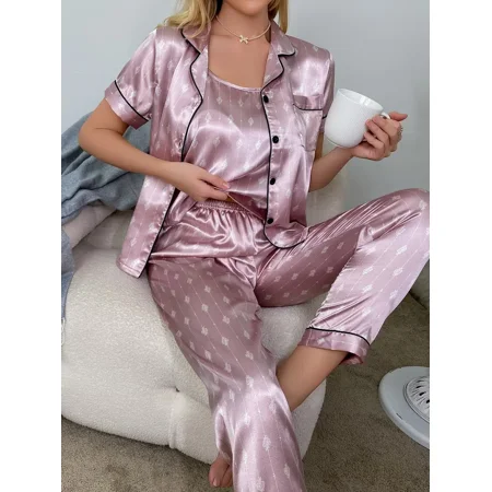 

Valentine‘s Day 3pcs Floral Print Sleepwear Short -Sleeve Button Front Shirt &Cami Tops With Pant Pajama Set Women‘s Sleepwear & Loungewear