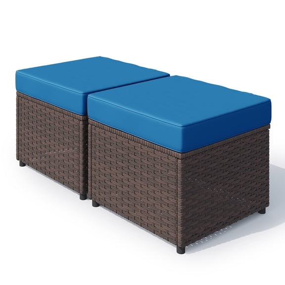 Homrest 20" All-Weather PE Wicker Ottomans, Set of 2 with Removable Cushions, 3-in-1 Footstool, Seat & Side Table for Patio, Poolside, Balcony (Navy)