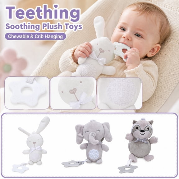 Kiddiway Baby Teether Hanging Toy for Soothing with Attachment - Plush Figurine Style, Baby Car Toys & Stroller Toys, Soft Silicone BPA-Free Teether, Sensory Play, Crib Hanging,a