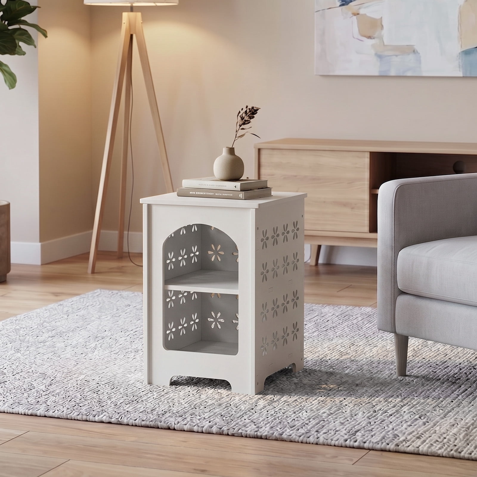 3-Tier Side Table with Storage, Nightstand End Table with Floral Design, Modern Arch Opening Bedside Table for Indoor Outdoor, White