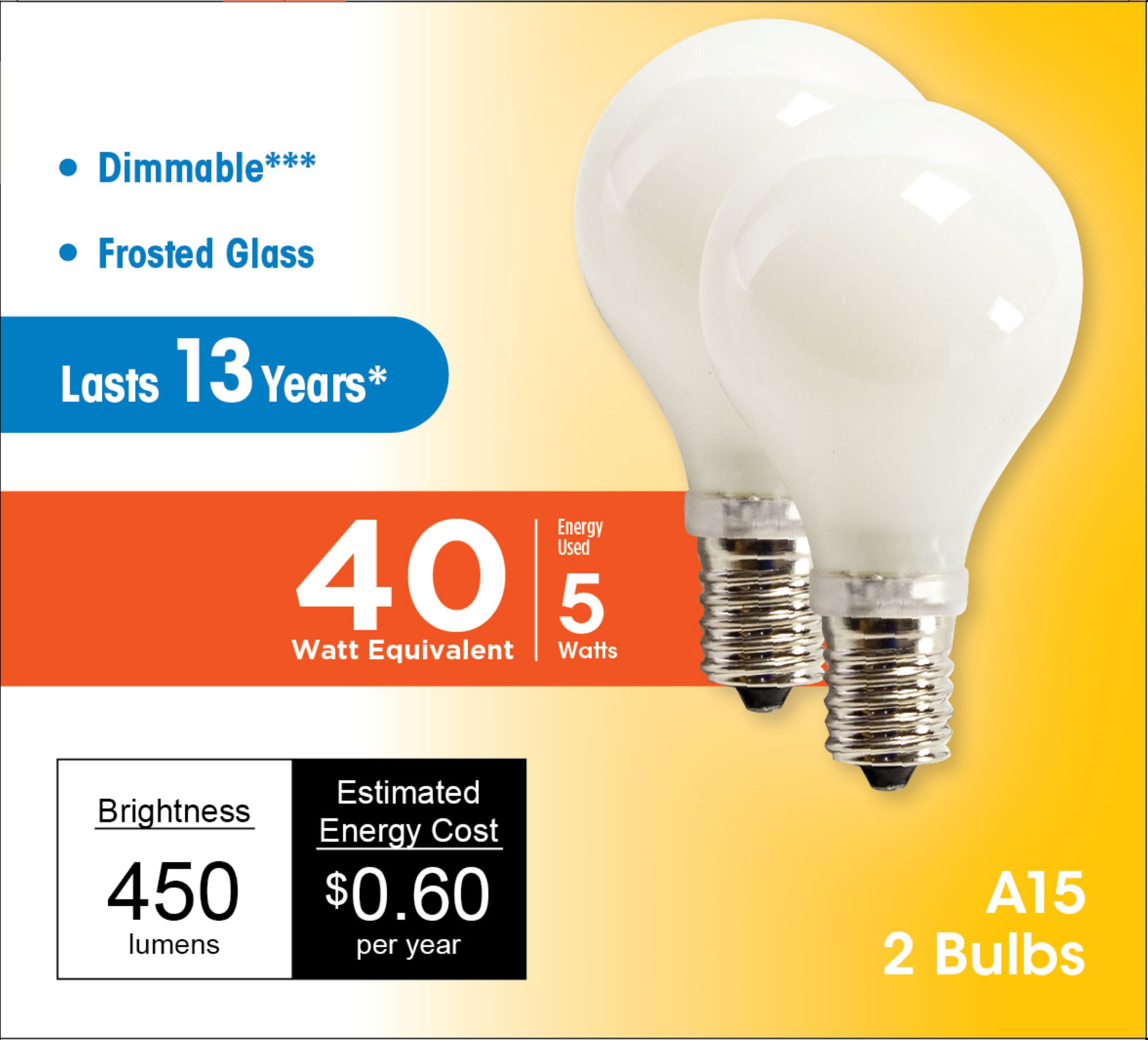 (2 pack) Great Value LED Light Bulb, 4W (40W Eq) A15 Ceiling Fan Frosted E17 Base, Dim, Soft White, 2-Pack