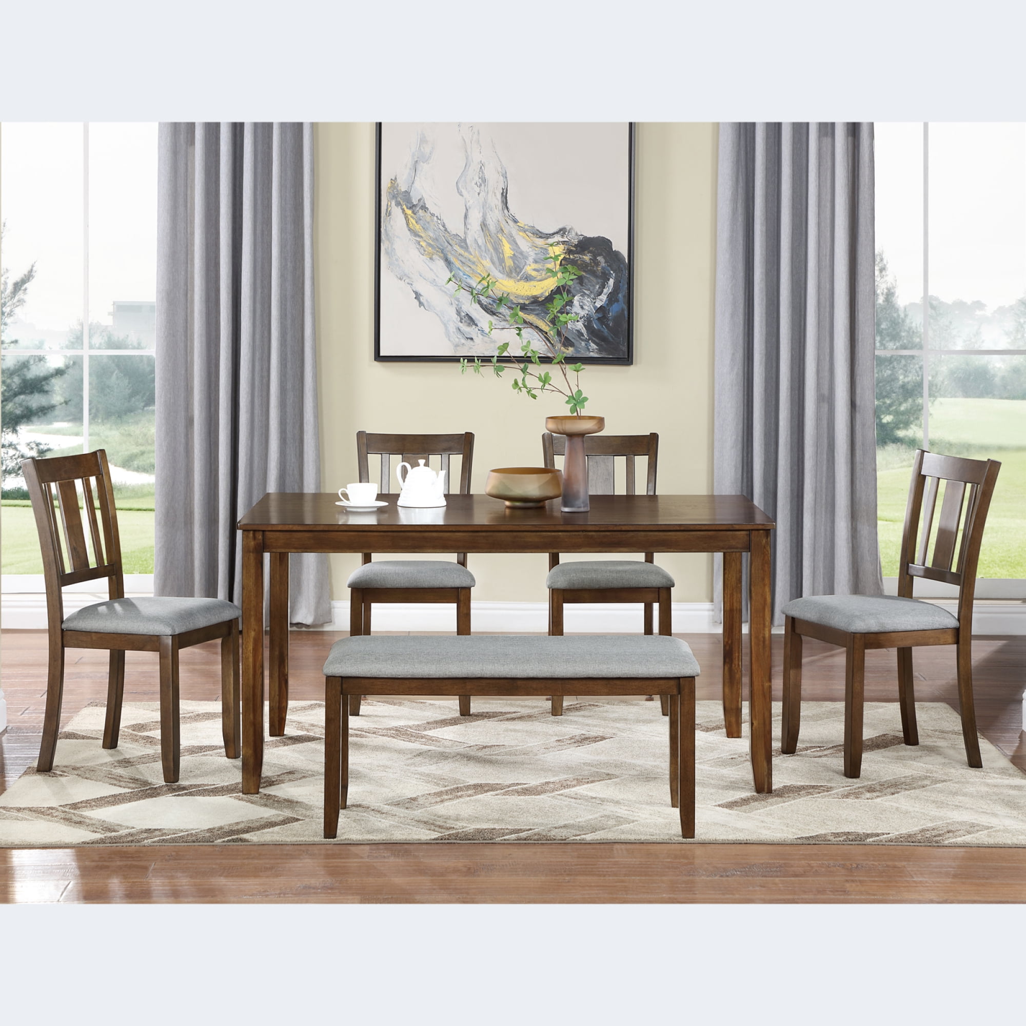 Leumius 6 Piece Kitchen Dining Set,Wood Rectangular Kitchen Table with 4 Upholstered Chairs and a Bench,Dining Table Set for 6 People,Kitchen Dining Table Set for Living Room, Home Bar and Kitchen