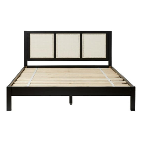 Pemberly Row Solid Wood Rattan Headboard Queen Bedframe - Black