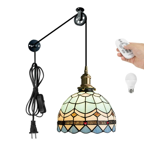 Kiven Plug in Pendant Light Adjustable Height, Antiqued Art Glass Hanging Light Fixture with Remote and Brass Lamp Holder, Dimmable Pendant Light for Hallway Kitchen Island Bedroom Reading