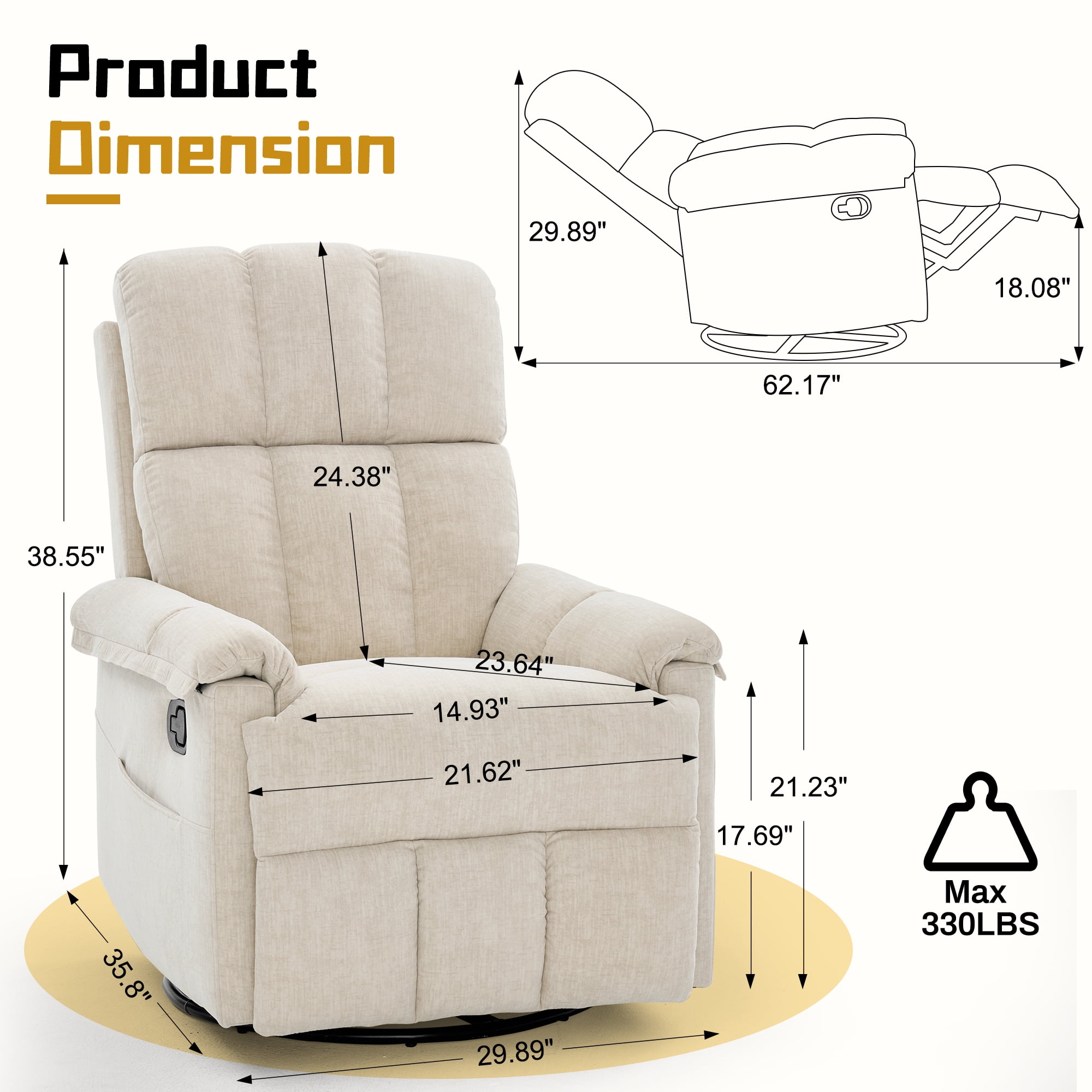 Korser 360°Swivel Recliner Chair for Adults with Side Pockets,Small Rocking Recliner for Small Spaces for Living Room,Nursery,Beige