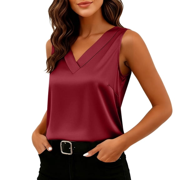 JGGSPWM Women's Sleeveless Satin Shirts Dressy Loose V Neck Office Blouse Trendy Summer Ladies Business Casual Tank Tops Red M