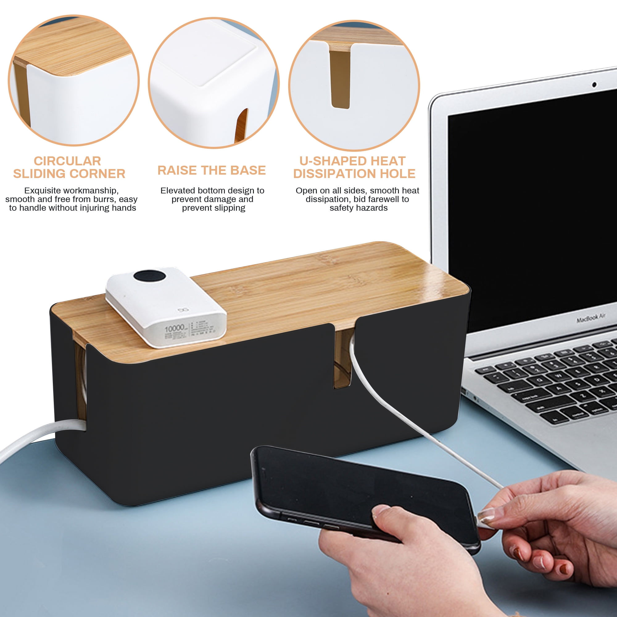 Cable Management Box - 12x 5x 4.5 inches, Cable Cover & Wood Lid, Cord Organizer for Desk TV Computer USB Hub System to Cover and Hide & Power Strips & Cords (Black)