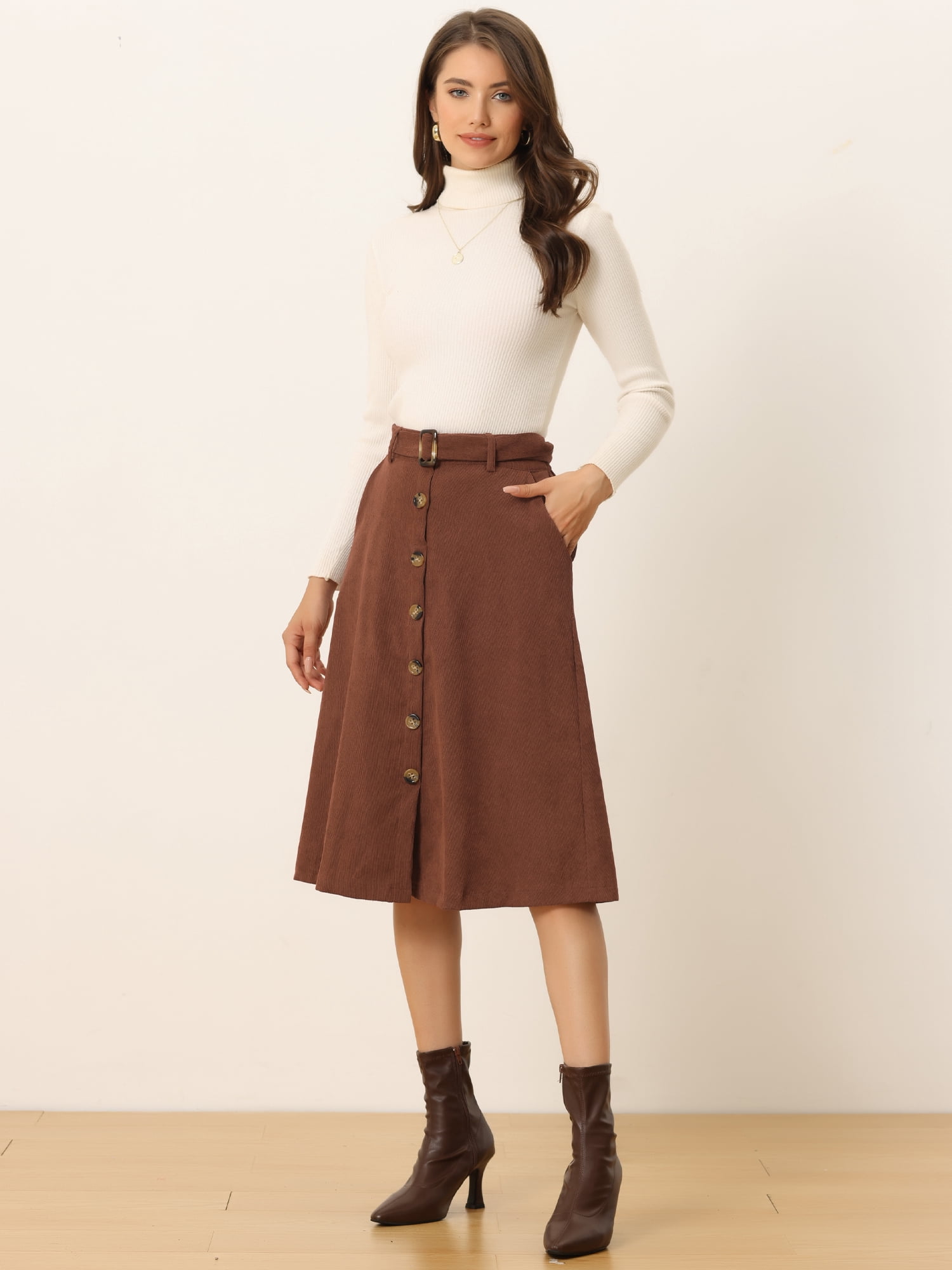 DARING DIVA Women's A-Line Button Front Belted Midi Skirts XL Dark Brown