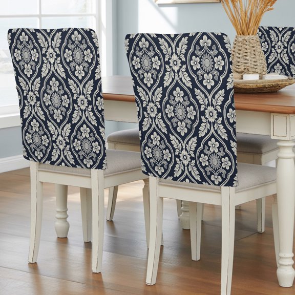 Classic Damask Chair Back Covers Set of 1, Vintage Leaves Scrolls Navy Blue Removable Dining Seat Cover Washable Kitchen Chair Slipcovers Protective for Party Decoration 19x20in
