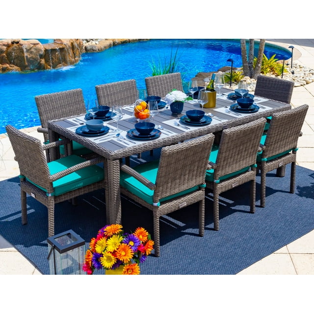 Tuscany 9-Piece Resin Wicker Outdoor Patio Furniture Rectangular Dining Table Set with Dining Table and Eight Cushioned Chairs (Half-Round Gray Wicker, Sunbrella Canvas Aruba)