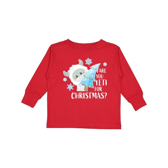Inktastic Are You Yeti for Christmas with Yeti Holding Christmas Tree Boys or Girls Long Sleeve Toddler T-Shirt