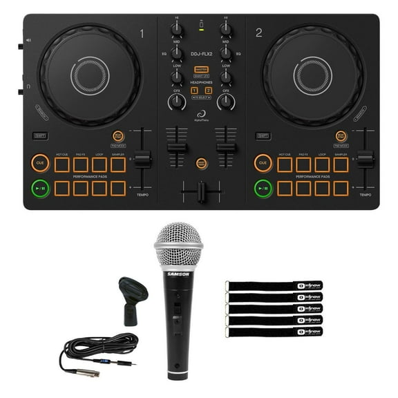 AlphaTheta DDJ-FLX2 Compact 2-Channel DJ Controller with Vocal Microphone Package