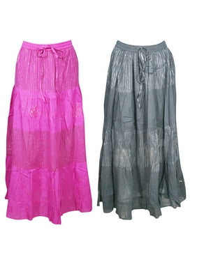 Mogul Women's 2pc Pink Gray Cotton A-Line Skirts