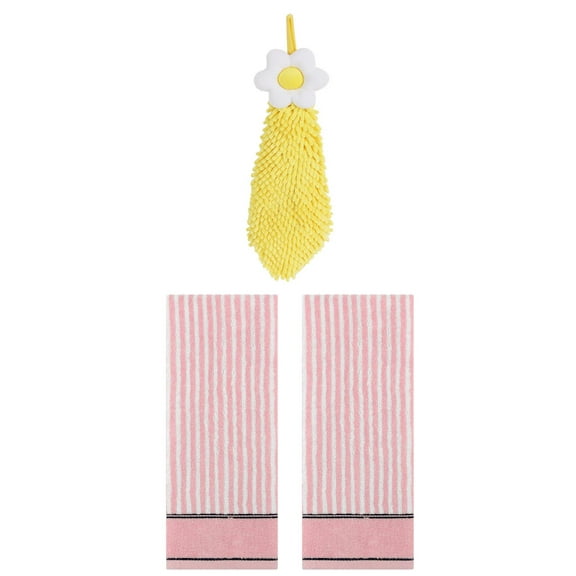 Unique Bargains 3 Pcs Soft Striped Hand Towels Pink/Yellow 13" x 29"/6" x 15"