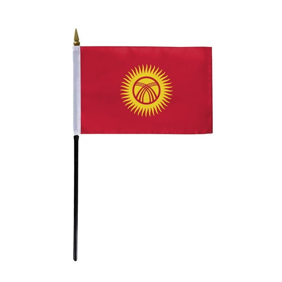 AGAS Kyrgyzstan Flag 4x6 inch - 11" Plastic Pole 100% Polyester Stitched Edges Kyrgyzstani National Mini Flag on a Stick
