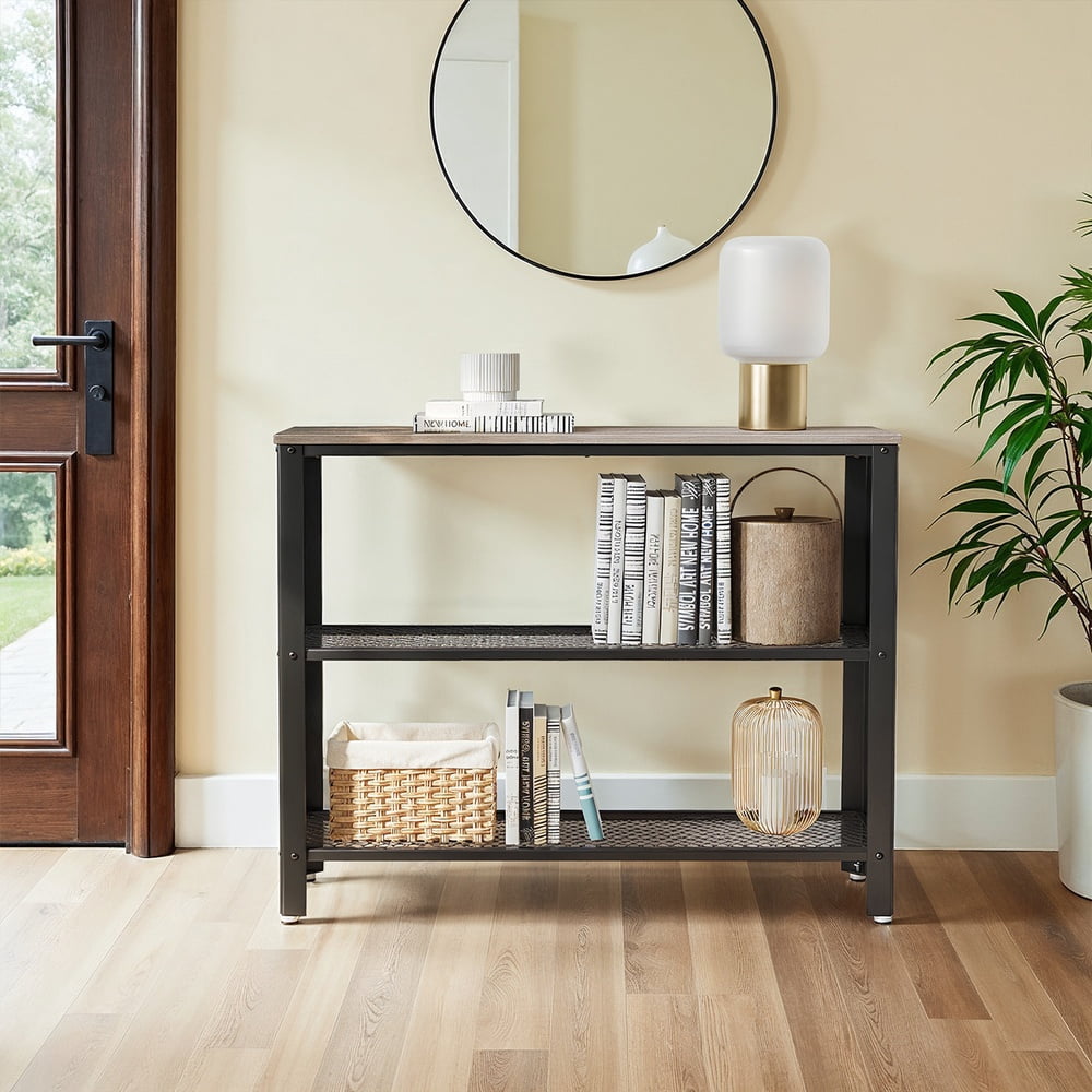 LEDREM 40-Inch Industrial Console Table, 3-Tier Entryway Table with 2 Mesh Shelves, Narrow Sofa Table for Hallway, Greige & Black