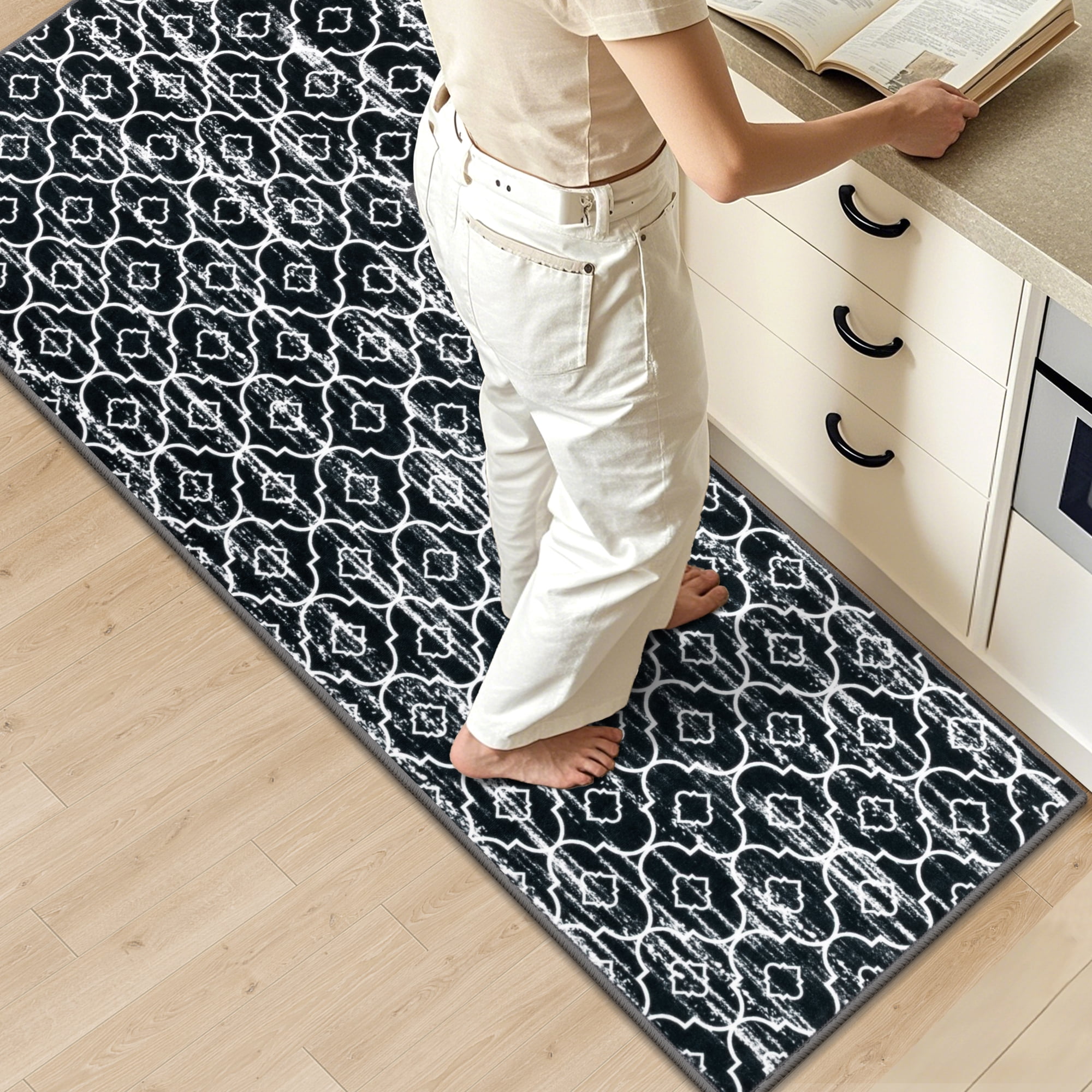 MeyJey Corner Kitchen Rug, 1 Piece Anti-Slip L Shape Kitchen Mat for Floor, Absorbent Runner in Front of Sink, Washable Floor Rugs for Home,Kitchen(Black-L,24”x 71”x 71”)