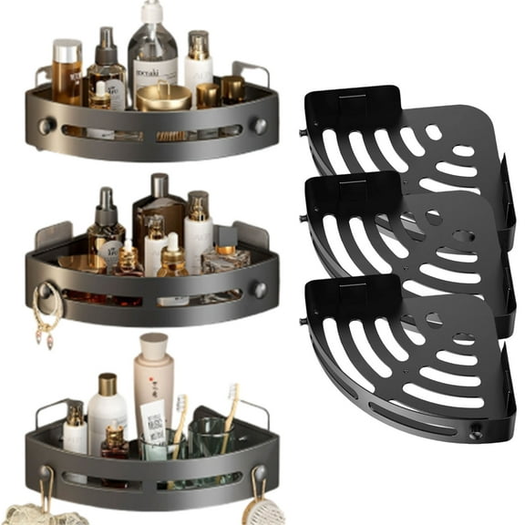 3-Pack Black Triangle Shower Caddy 3-Tier Corner, No Drilling Heavy Duty Shower Cage with Hooks, 40 lbs Load Capacity