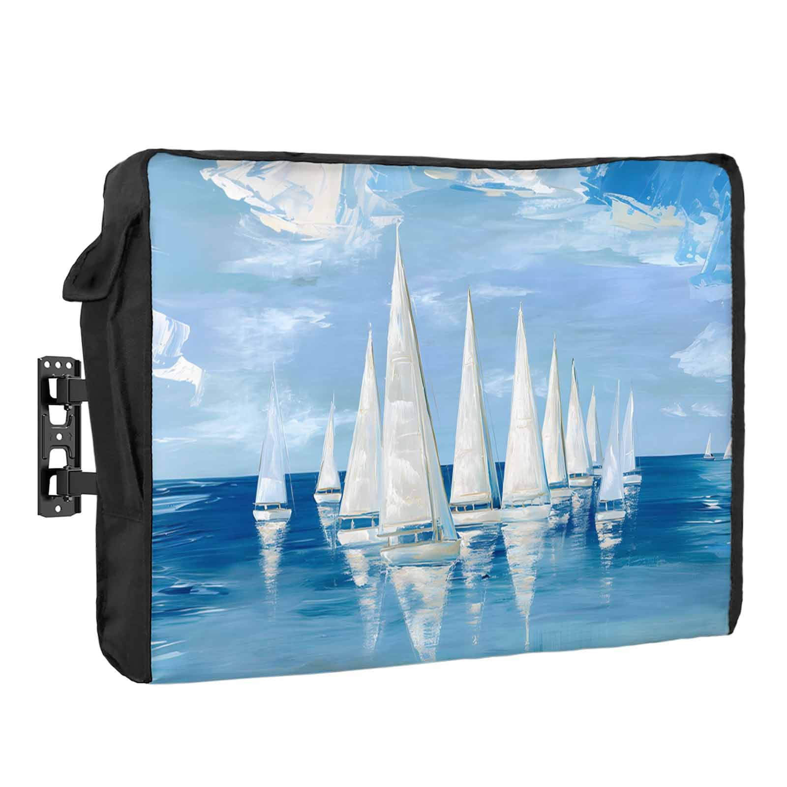 Summer Theme Waterproof Outdoor TV Cover Oil Painting Ocean Wave Sailboats Cloud Blue Sky Outside Weatherproof TV Enclosures for 30 to 32 Inch LCD Television Shield Flat Screen Protectors