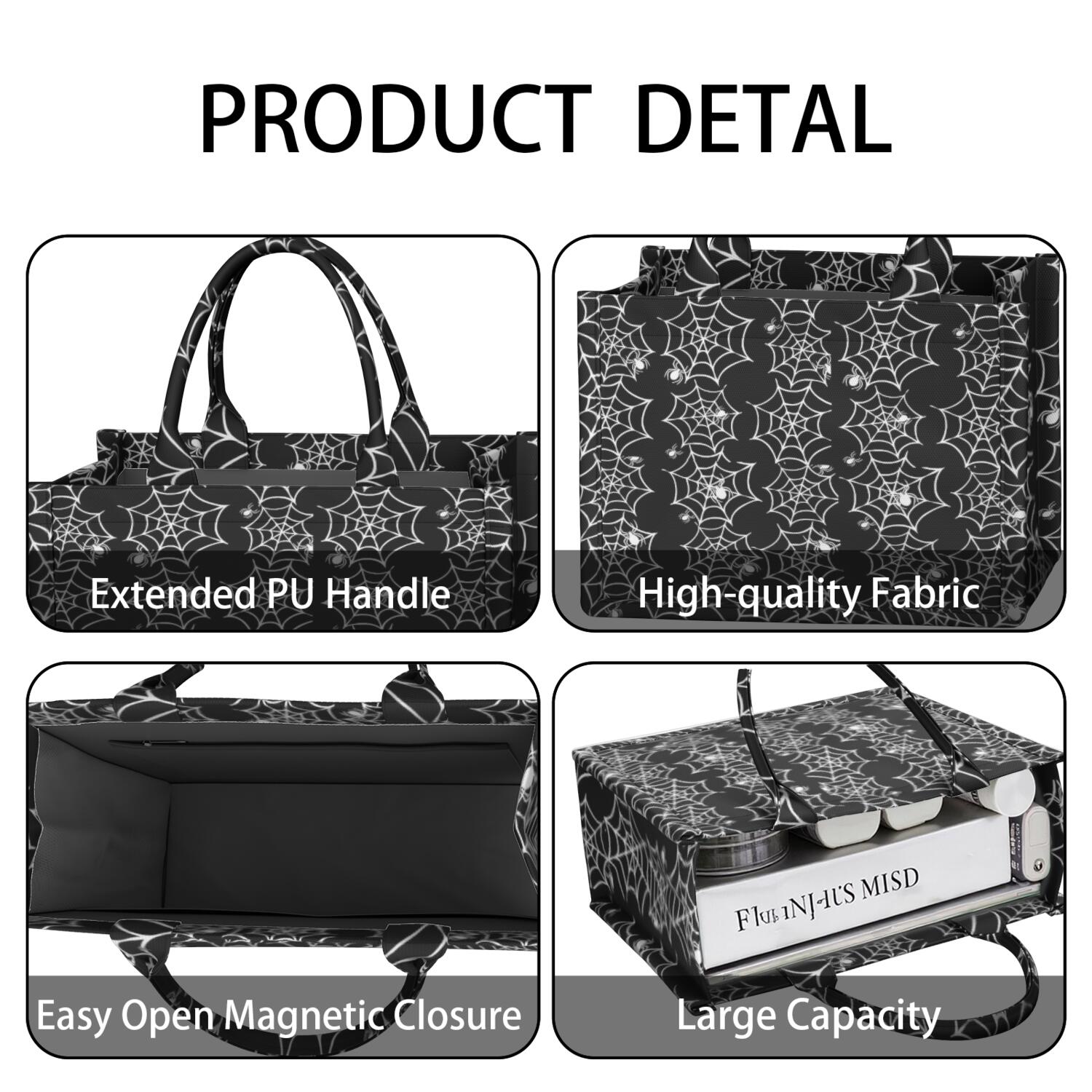 Large Capacity Tote Bag,Halloween Black and White Spider Webs and Spiders Handbag Fashion Luxury Tote Bag,15.7"x13"x 5.1" Inches,Laptop Compatible