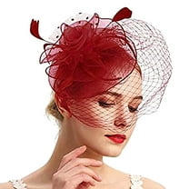 Aligament Fascinator Hats for Women Tea Party Hats and Gloves Pearl Jewelry Set Kentucky Derby Hat for Cocktail Wedding, Red