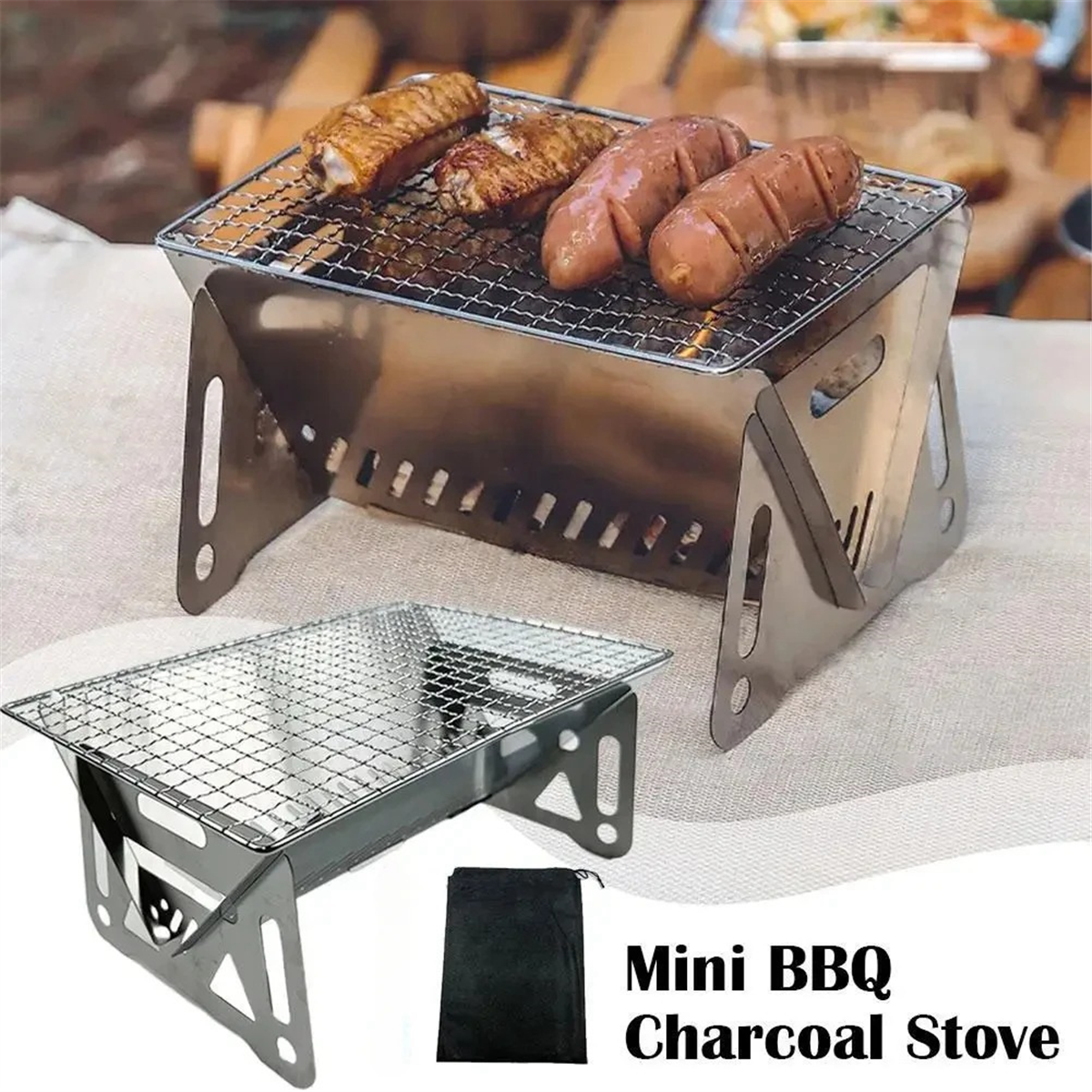 Portable Folding BBQ Grill Stainless Steel Wood-Burning Camping Stove Mini Charcoal Grill Outdoor Camping BBQ Equipment