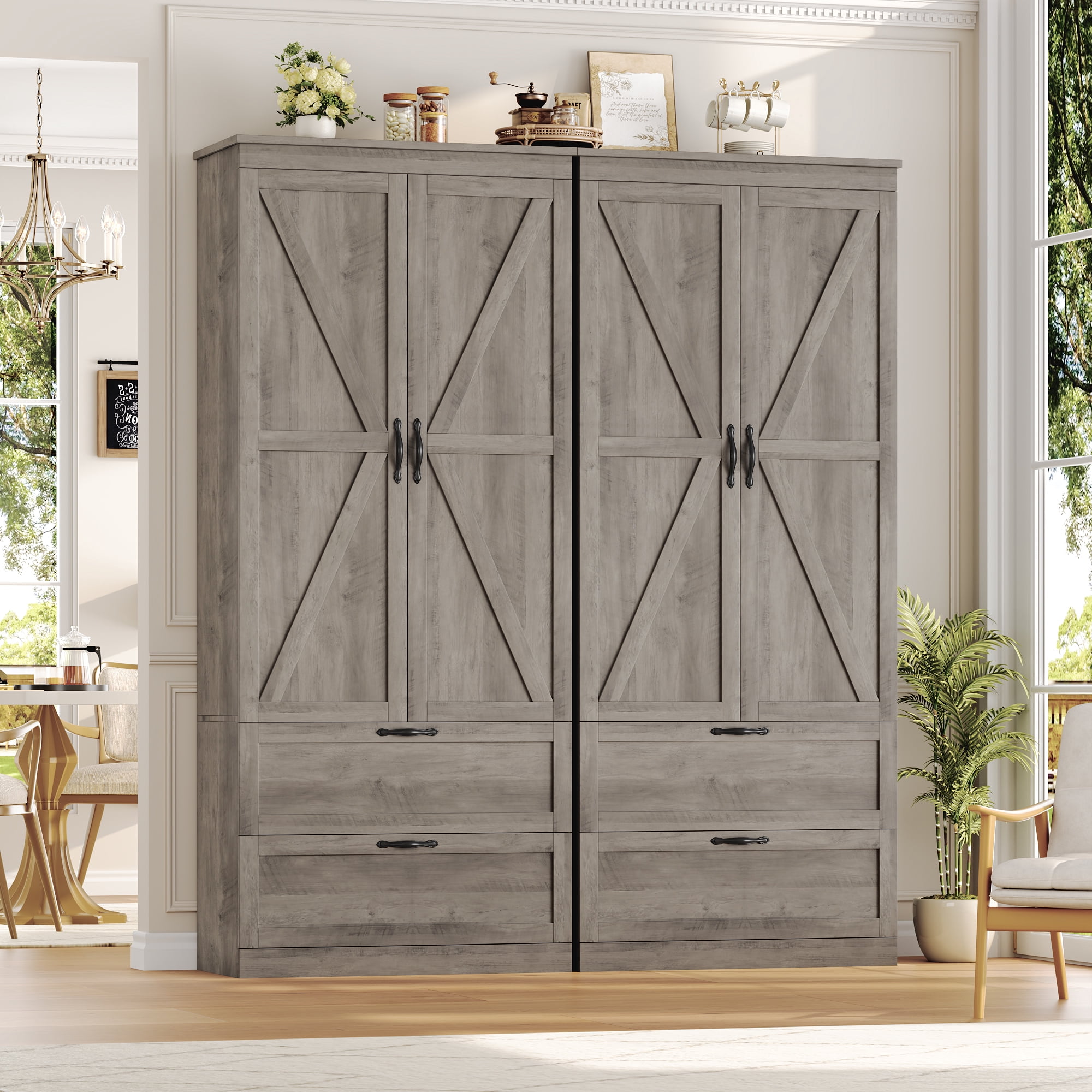 Homfa 70'' Tall Kitchen Pantry with Shelf & Drawer, Farmhouse 2 Door Pantry Storage Cabinet for Dining Room Living Room, Wash Gray