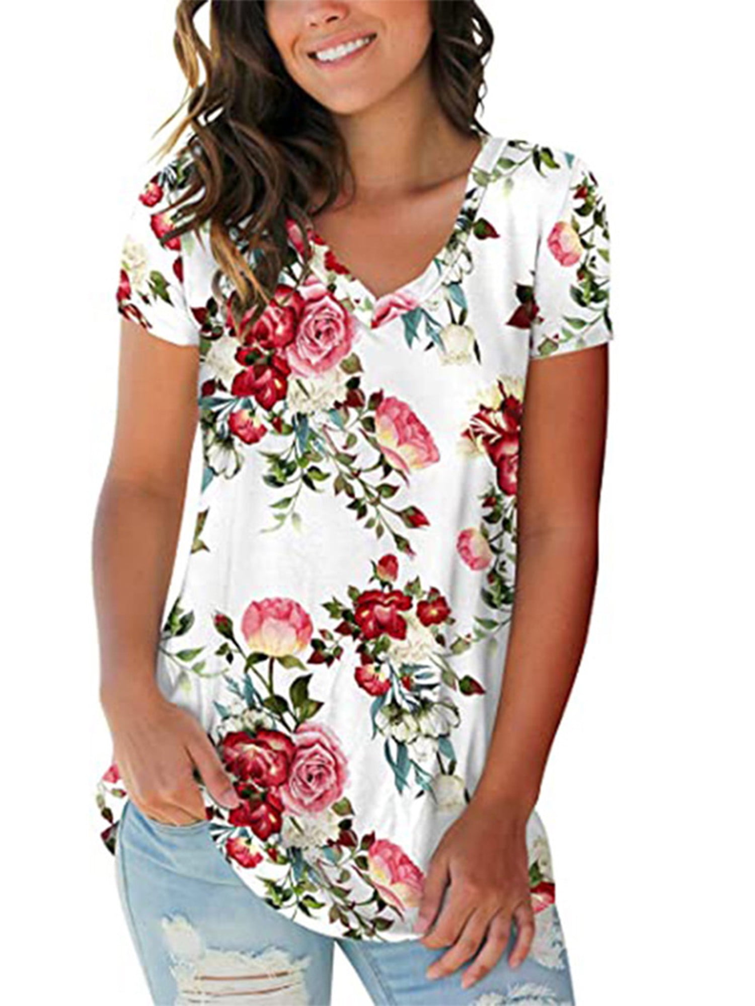 Women Floral Print Tunic Tops Button Up Short Sleeve Summer T Shirt Blouse 