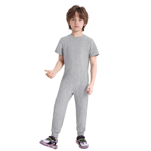 SiiRoh Kids Short Sleeve Anti-Strip Jumpsuit Romper Adaptive Clothing with Back Zipper for Special Needs Grey 10