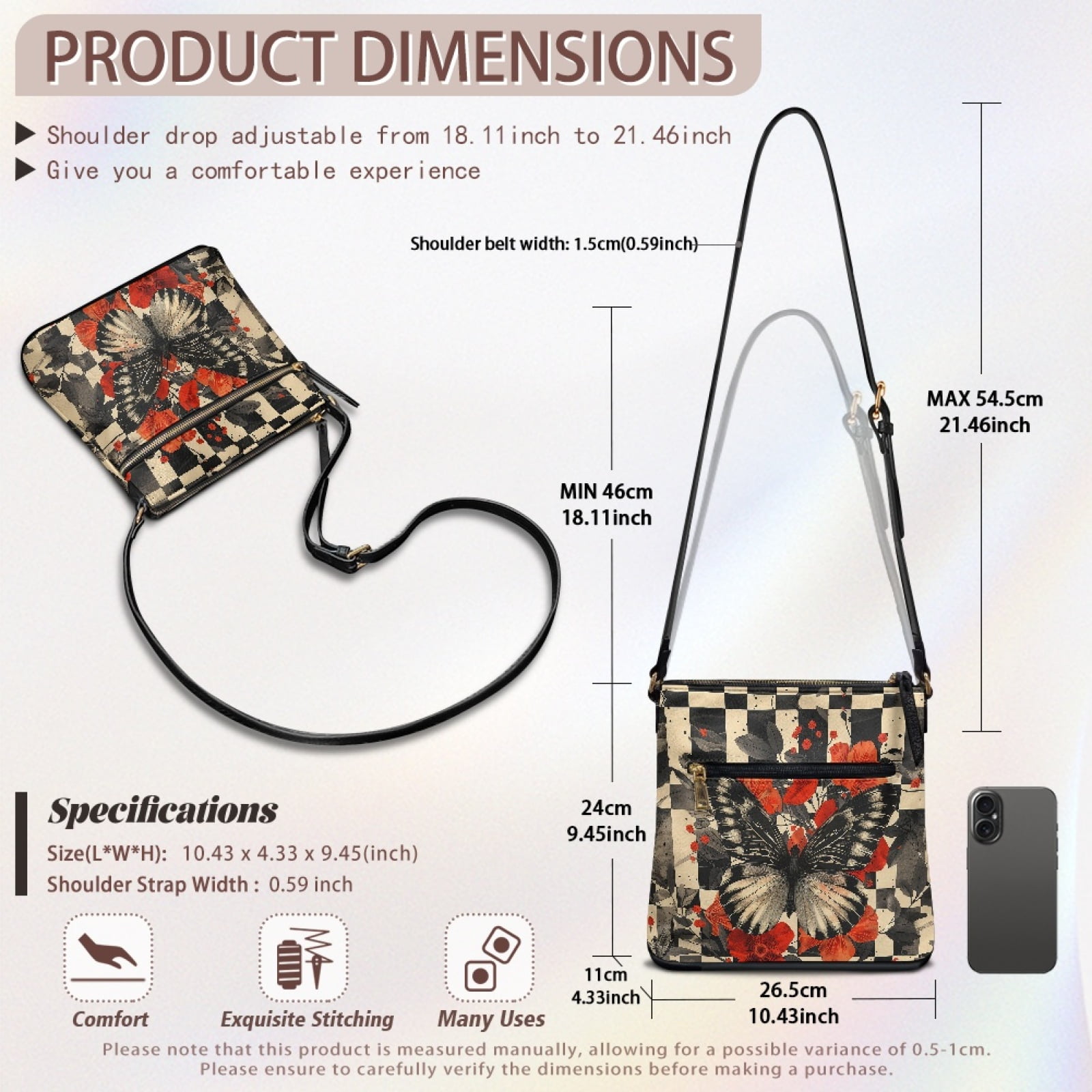 LedBack Butterfly Chckered Print Leather Crossbody Purse for Women Satchel Handbag Purse with Zipper Pocket, Portable Shoulder Bag Messenger Bag with Adjustable Strap, Black