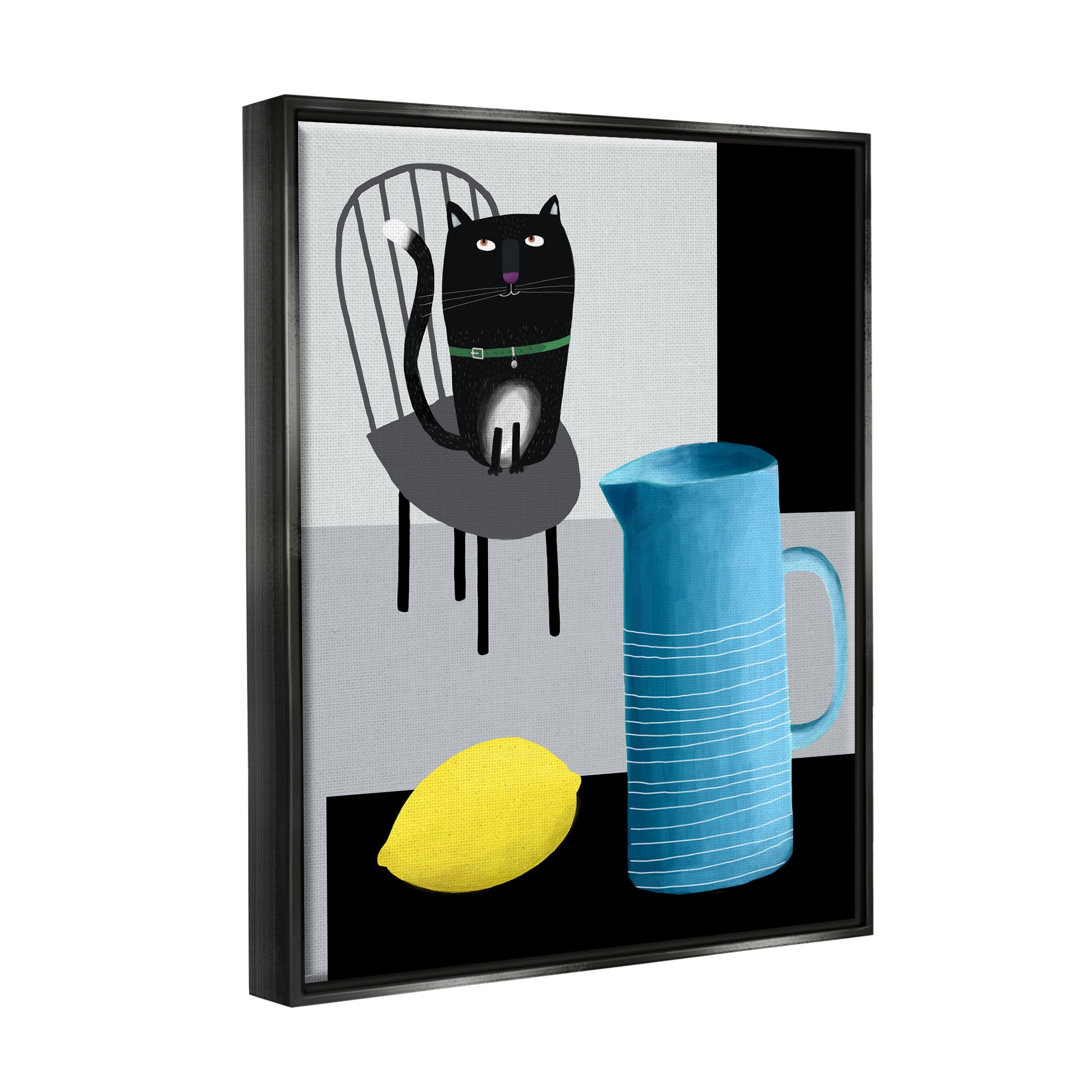 Stupell Industries Cat Lemon Vase Still Life Scene Animals & Insects Painting Black Floater Framed Art Print Wall Art