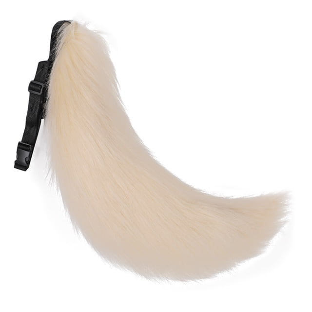 conjunto de cola de lobo para perro y gato, cola grande de animal de piel sintética, accesorio para disfraz de fiesta de halloween, 70cm — cola sintética crema de 70 cm con pelaje largo y curvado, vista frontal centrada; incluye correa negra ajustable con clip para sujetar en la cintura, apta para disfraces, cosplay y fiestas.