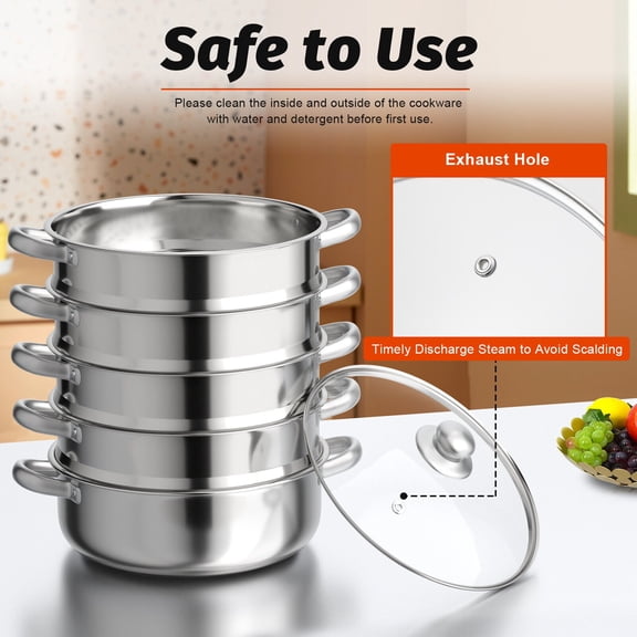 5-Tier Stainless Steel Steamer with Transparent Lid, 11.41in, Induction & Gas Stove Compatible, Easy to Clean and Space-Saving Design