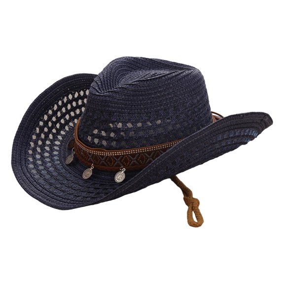 OOOUM Breathable Cowboy Hat For Men Women Woven Band Metal Charms Sun Hat Festival Outdoor Vacation Cowgirl Hat Navy