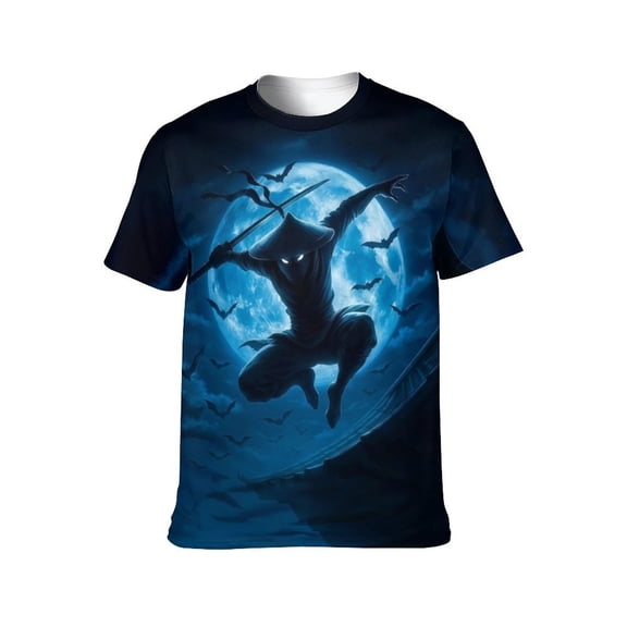 LAOLIUSN Men’s Ninja Samurai T-Shirt, Full Moon Anime Graphic Tee, 3D All Over Print Short Sleeve Crewneck, 88% Polyester 12% Spandex, S-4XL