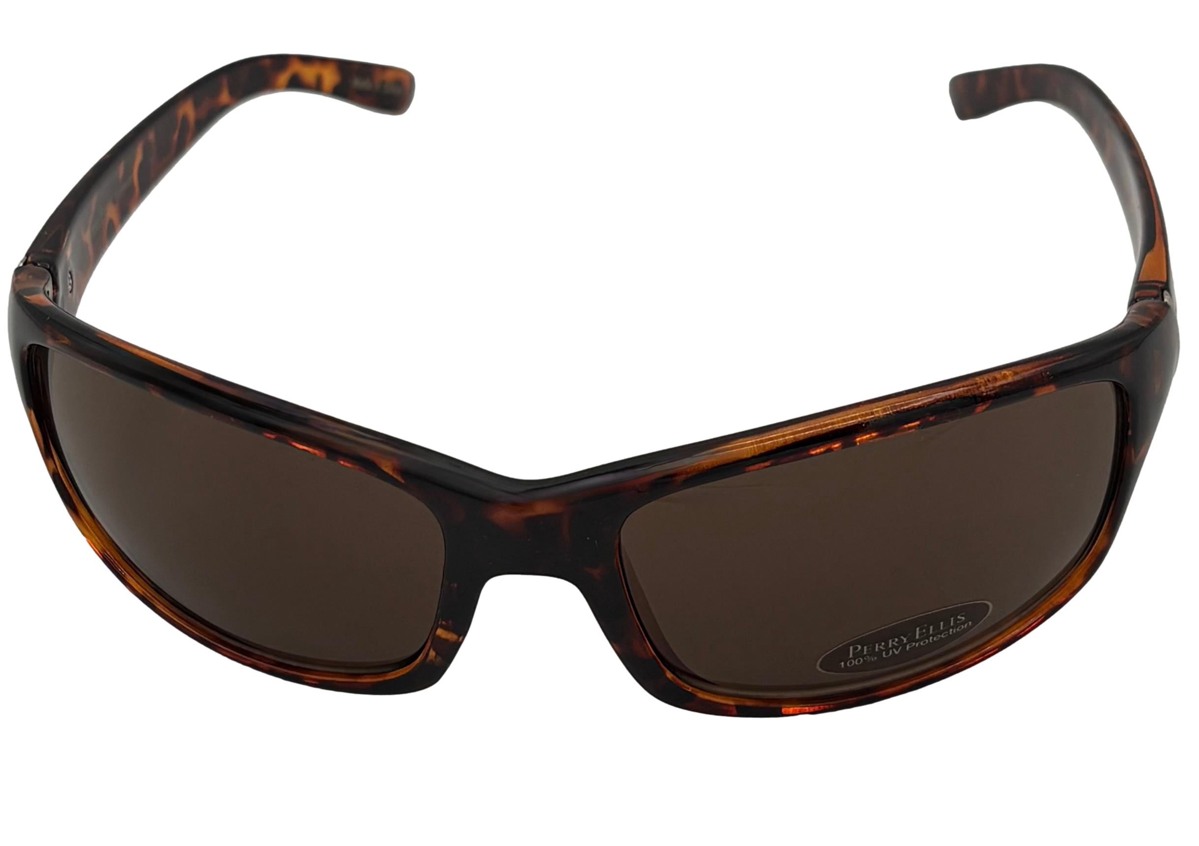 Perry Ellis Mens Sunglass Tortoise Plastic Rectangle Wrap, Brown Lens PE13 4
