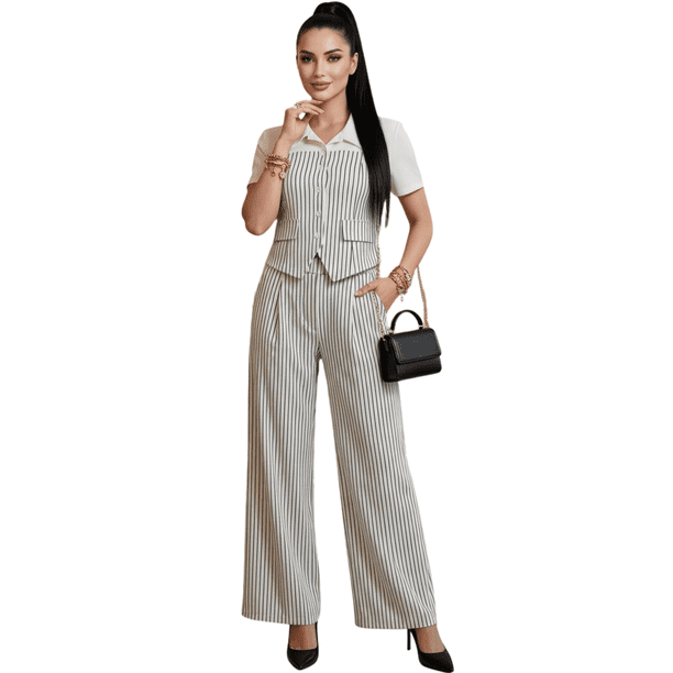 Conjunto Ejecutivo 2 Piezas, Blusa Tipo Chaleco y Pantalón Recto, Look Sofisticado y Chic para Mujer