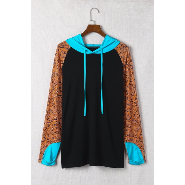 POGLIP Women's Black Western Print Color Block Plus Size Hoodie