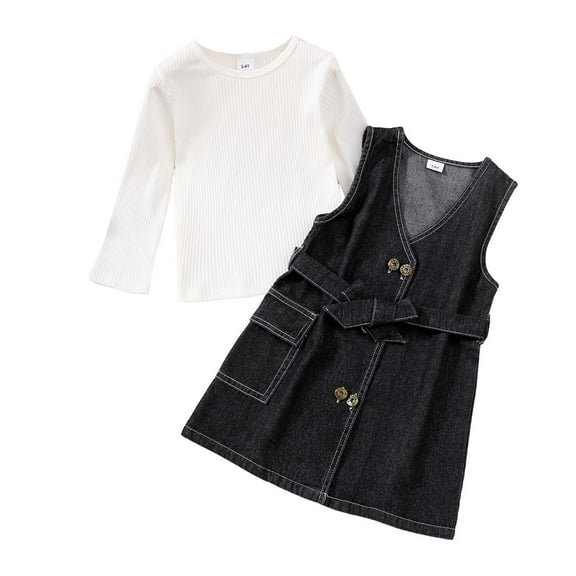 Kucnuzki Toddler Baby Girl Clothes 3T Fall Winter Dress 4T Long Sleeve Solid Color Pull-Over V Neck Sleevess Sundress 2PCS Set Black