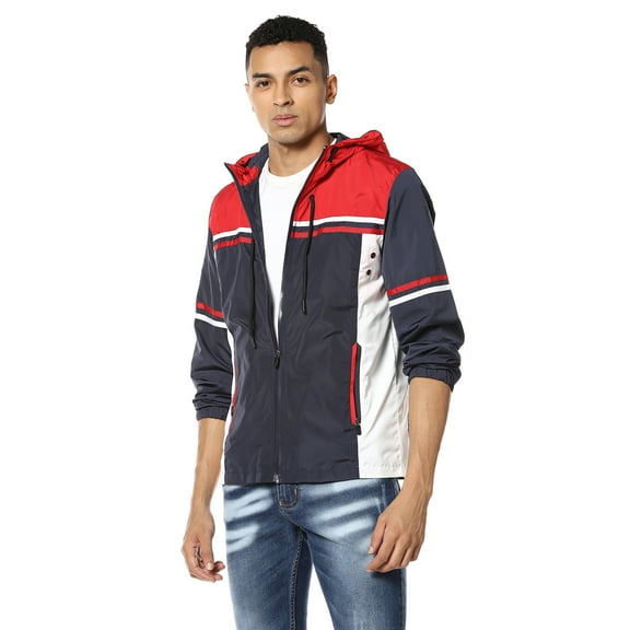 Campus Sutra Men Blue Colourblocked Windcheater Padded Hooded Jacket
