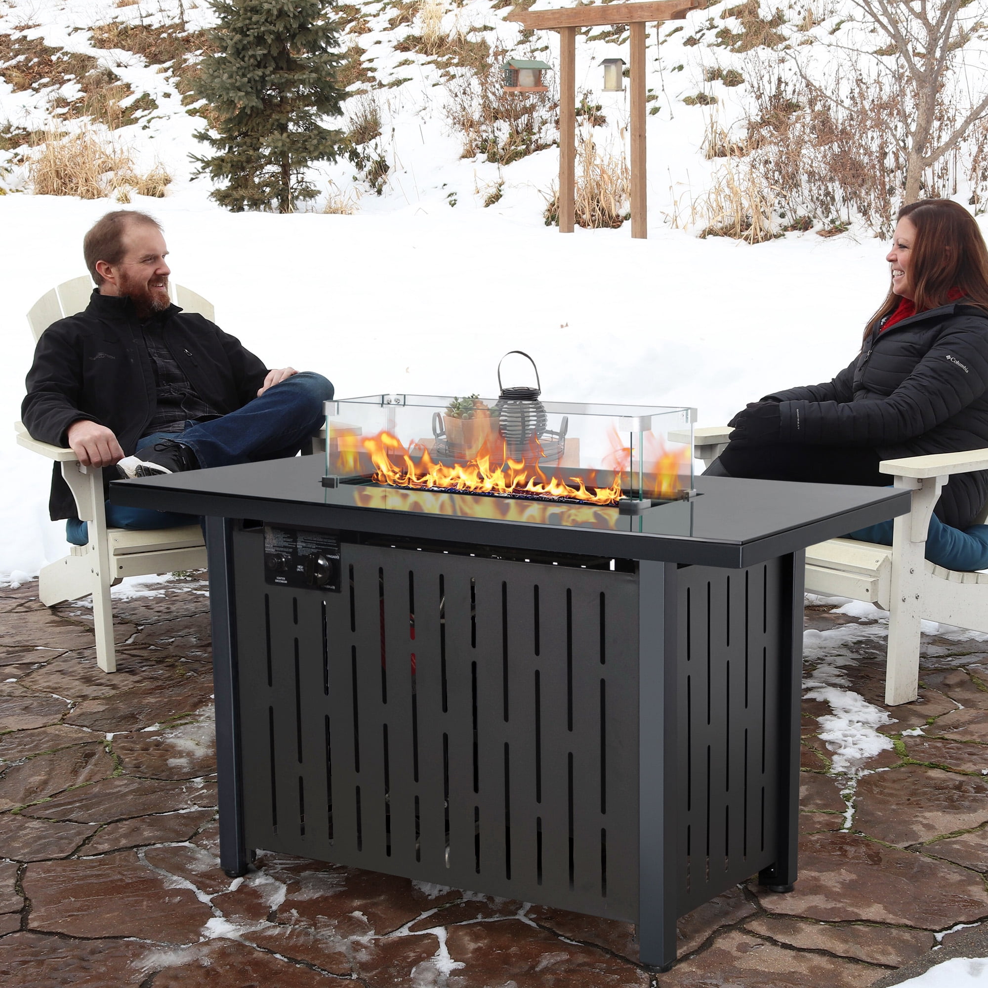 ENYOPRO 43" Propane Fire Pit with Wind Guard, 50,000 BTU Auto-Ignition Fire Pit Table, Outdoor Fire Pit with Rock and Steel Lid for Outside, Garden, Backyard, TE1765