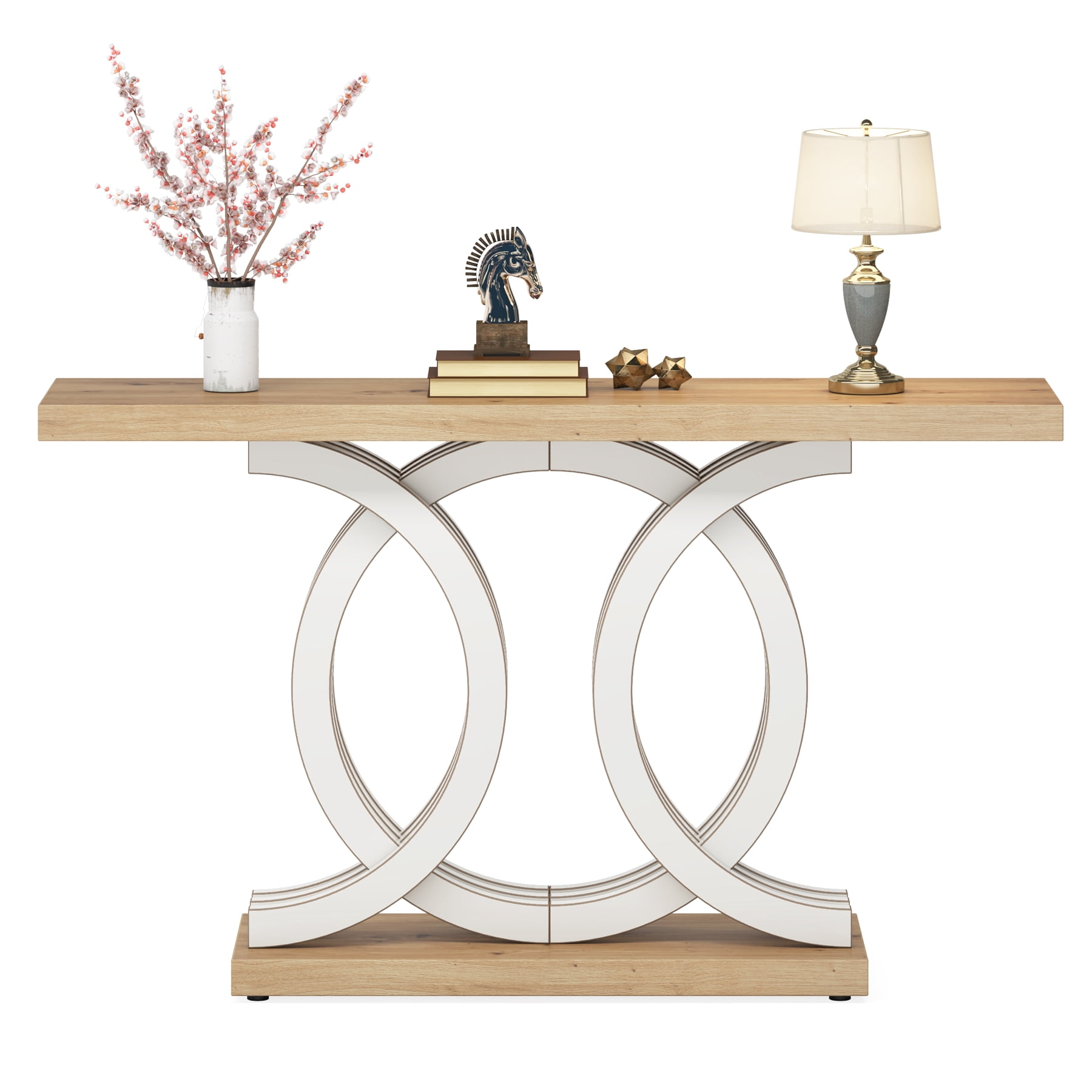 Fnova 55" Console Table with Geometric Base, Modern Wood Narrow Entryway Table Sofa Table for Living Room, Hallway, Foyer