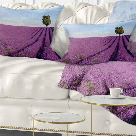 Designart Lavender Field with Solitary Tree - Landscape Photography Throw Pillow - 12x20