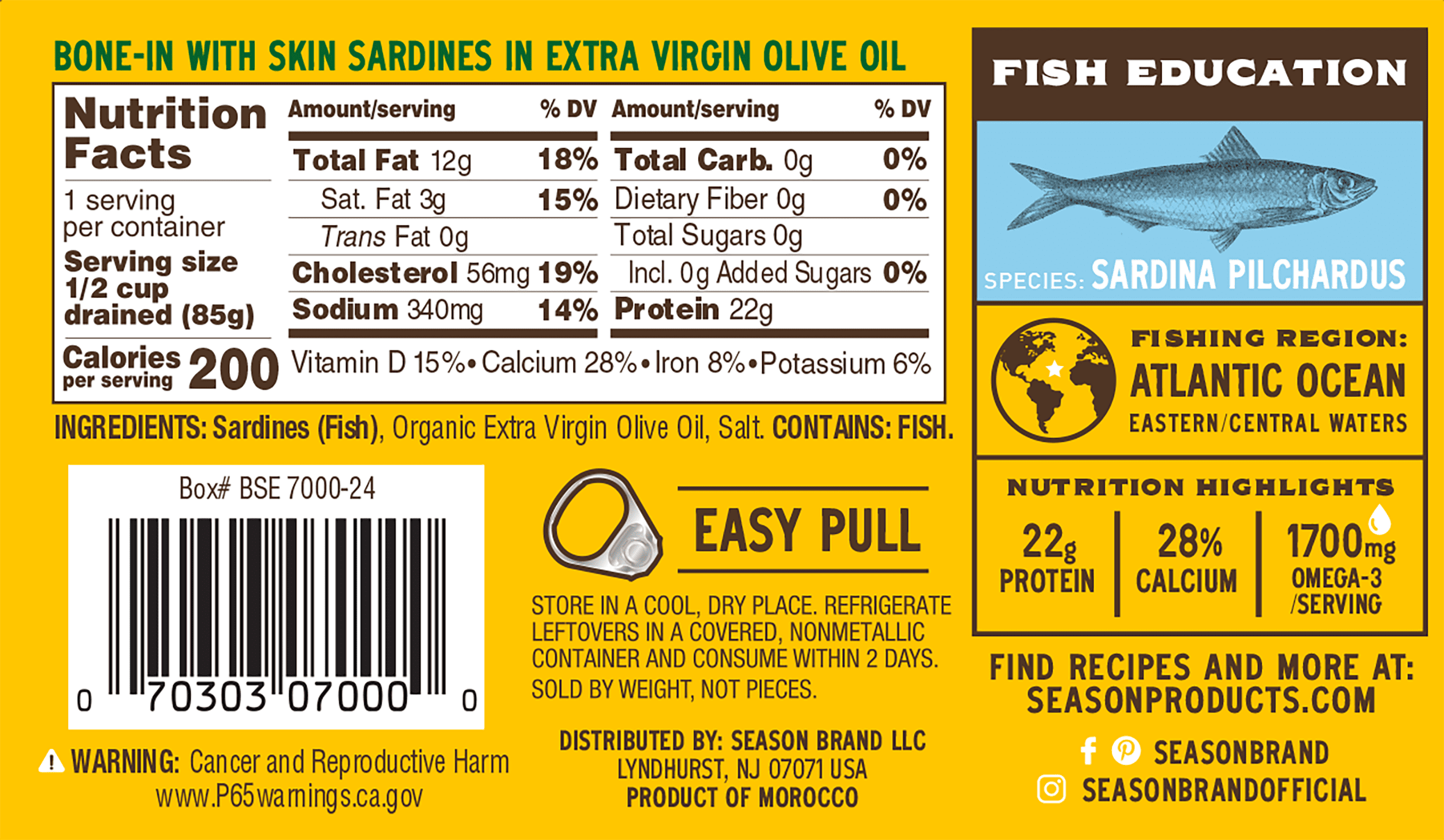 (12 pack) Season Brand Sardines, in Extra Virgin Olive Oil, 4.375 Oz