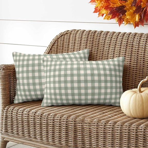 Outdoor Waterproof Throw Pillow Cover Rustic Sage Green Beige Checker Decorative Pillow Covers 20x12inch Set of 2 Pillows Case, Farmhouse Buffalo Plaid Cushion Cases for Sofa Couch Patio Garden