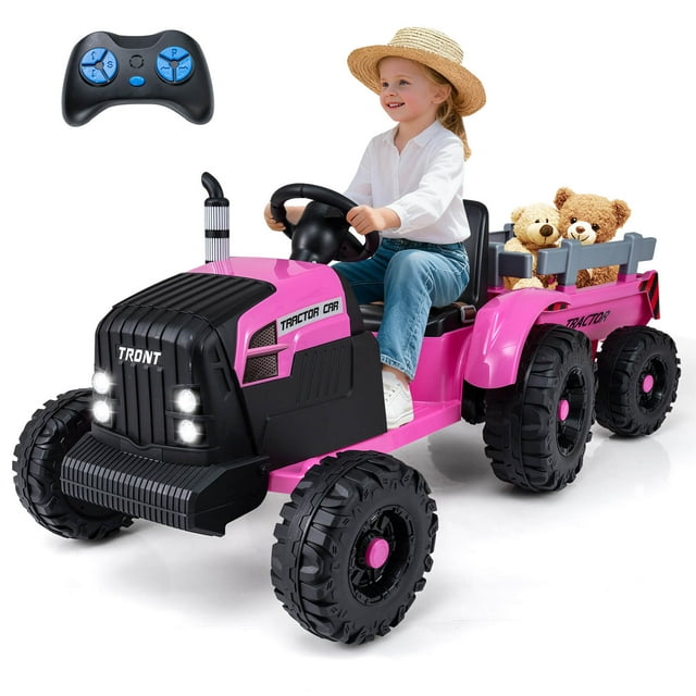 Costway 24V Ride On Tractor for Kids Remote Control Music USB Port Soft Start Headlights Pink
