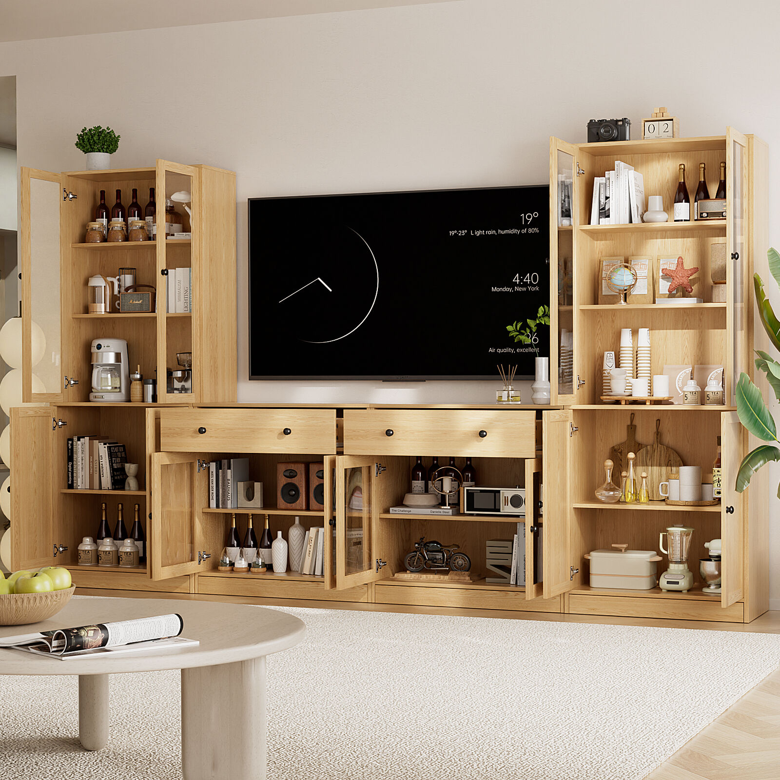 RichYa 4-Piece TV Stand for TVs up to 60”,Entertainment Center with Bookshelves for TVs,TV Stand Cabinets with 2 Drawers for Living Room,Wood